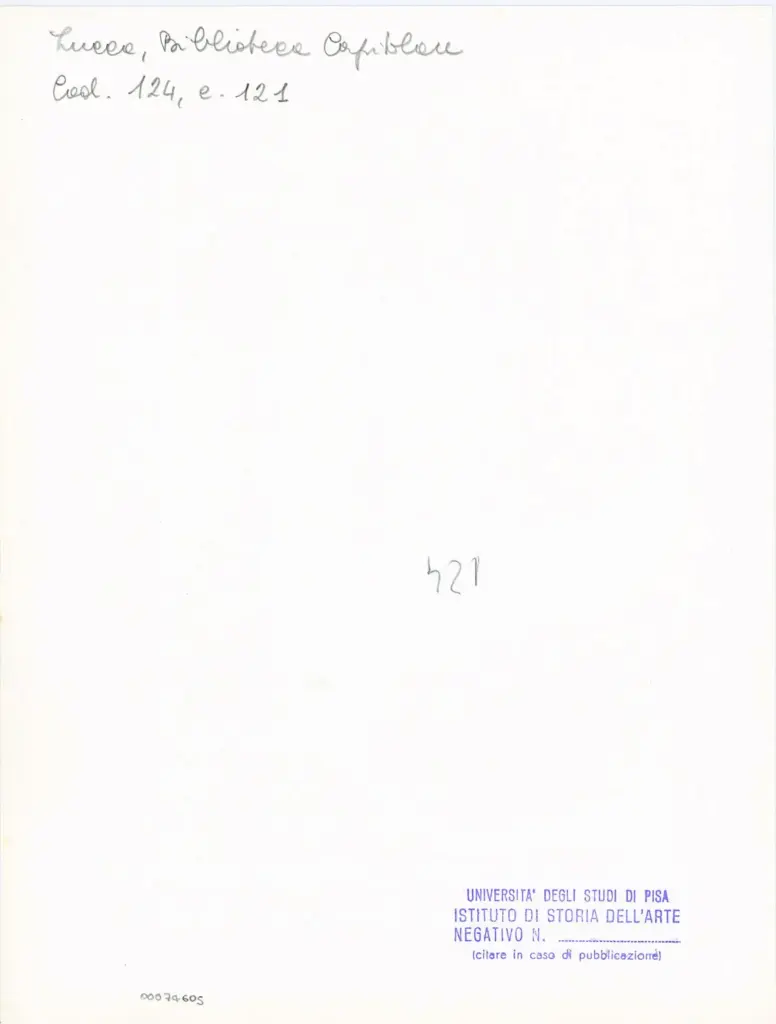 Universit&agrave; di Pisa. Dipartimento di Storia delle Arti , Anonimo italiano - sec. XI, terzo quarto - Lucca, Biblioteca Capitolare Feliniana, Ms. 124, f. 121r, particolare , retro