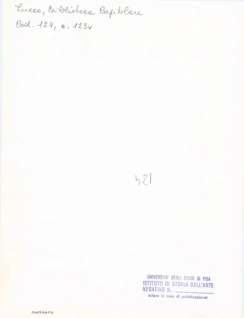 Università di Pisa. Dipartimento di Storia delle Arti , Anonimo italiano - sec. XI, terzo quarto - Lucca, Biblioteca Capitolare Feliniana, Ms. 124, f. 123v, particolare , retro