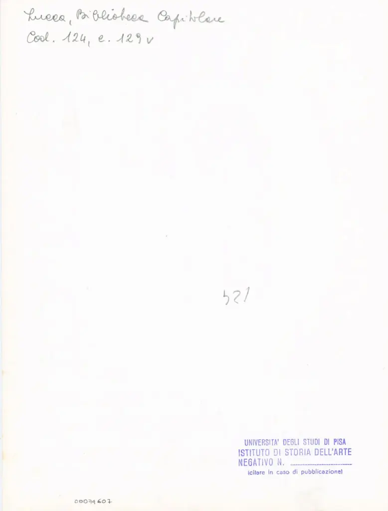 Universit&agrave; di Pisa. Dipartimento di Storia delle Arti , Anonimo italiano - sec. XI, terzo quarto - Lucca, Biblioteca Capitolare Feliniana, Ms. 124, f. 129v, particolare , retro