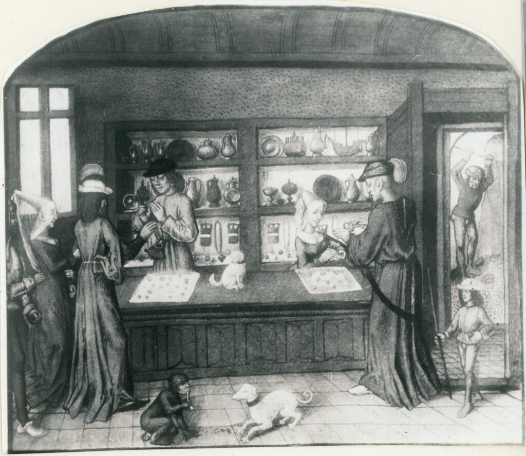 Anonimo , Une boutique de joaillier/ Miniature d'Alexandre Bening (Ms. français 9136 de la Bibl. Nationale) , fronte