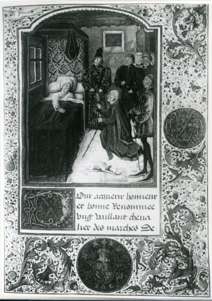 Anonimo , Le roi de Norvège, sur son lit de mort, ordonnant a l'auteur/ de composer l'" Instruction d'un jeune prince "./ Miniature, par Jean Hennecart (1468) , fronte