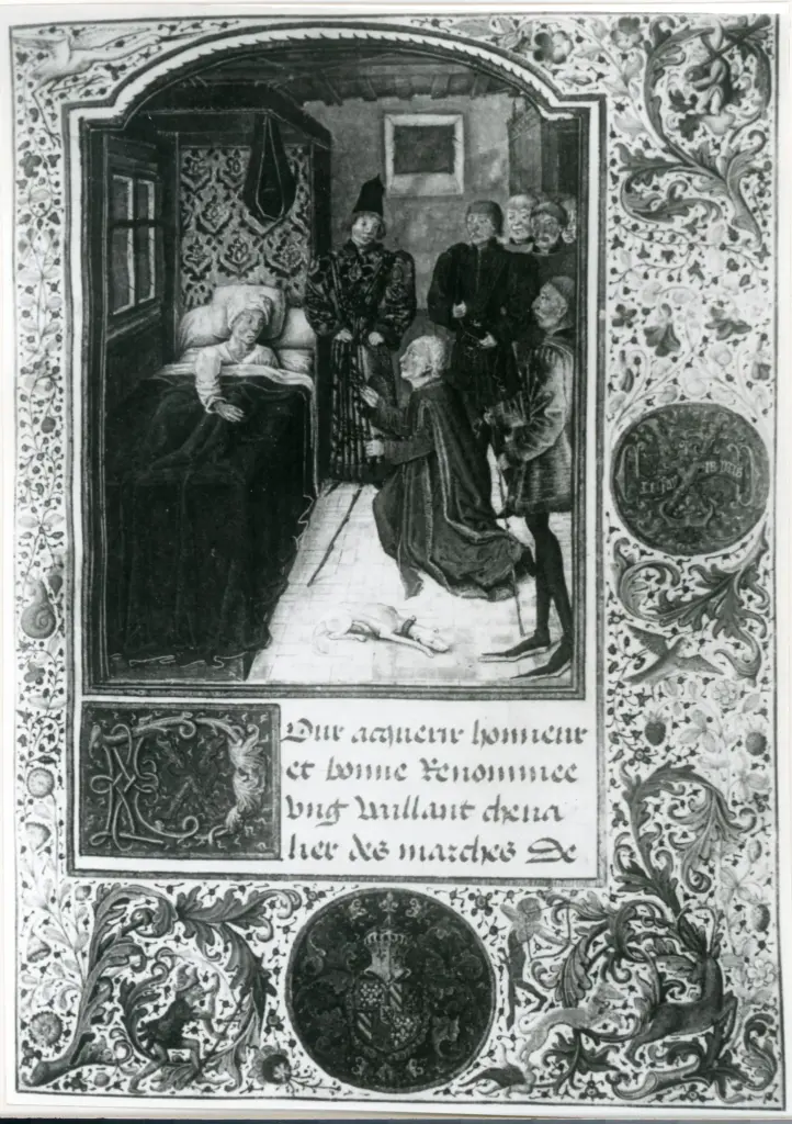 Anonimo , Le roi de Norv&egrave;ge, sur son lit de mort, ordonnant a l'auteur/ de composer l'" Instruction d'un jeune prince "./ Miniature, par Jean Hennecart (1468) , fronte