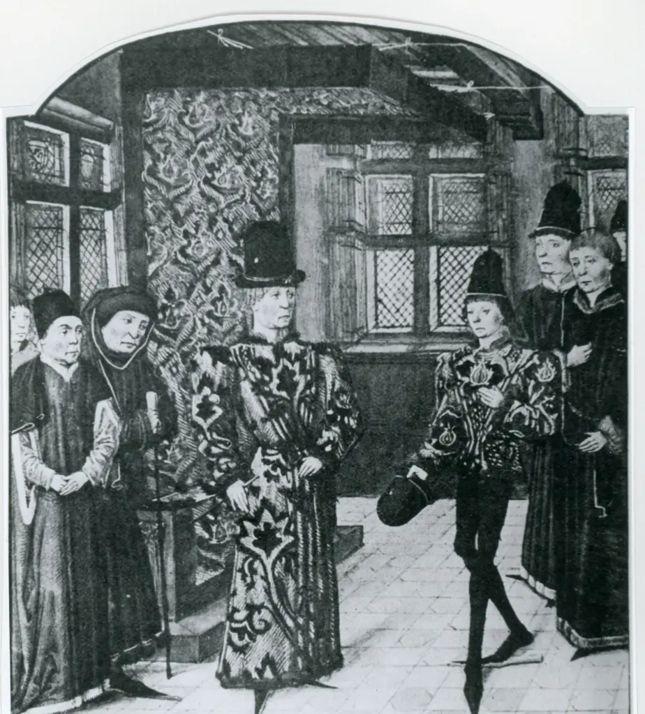 Anonimo , Le père donnant ses enseignements a son fils/ miniature par Jean Hennecart/ (Ms. 5104, Bibliotheque de l'Arsenal, Paris. ) , fronte