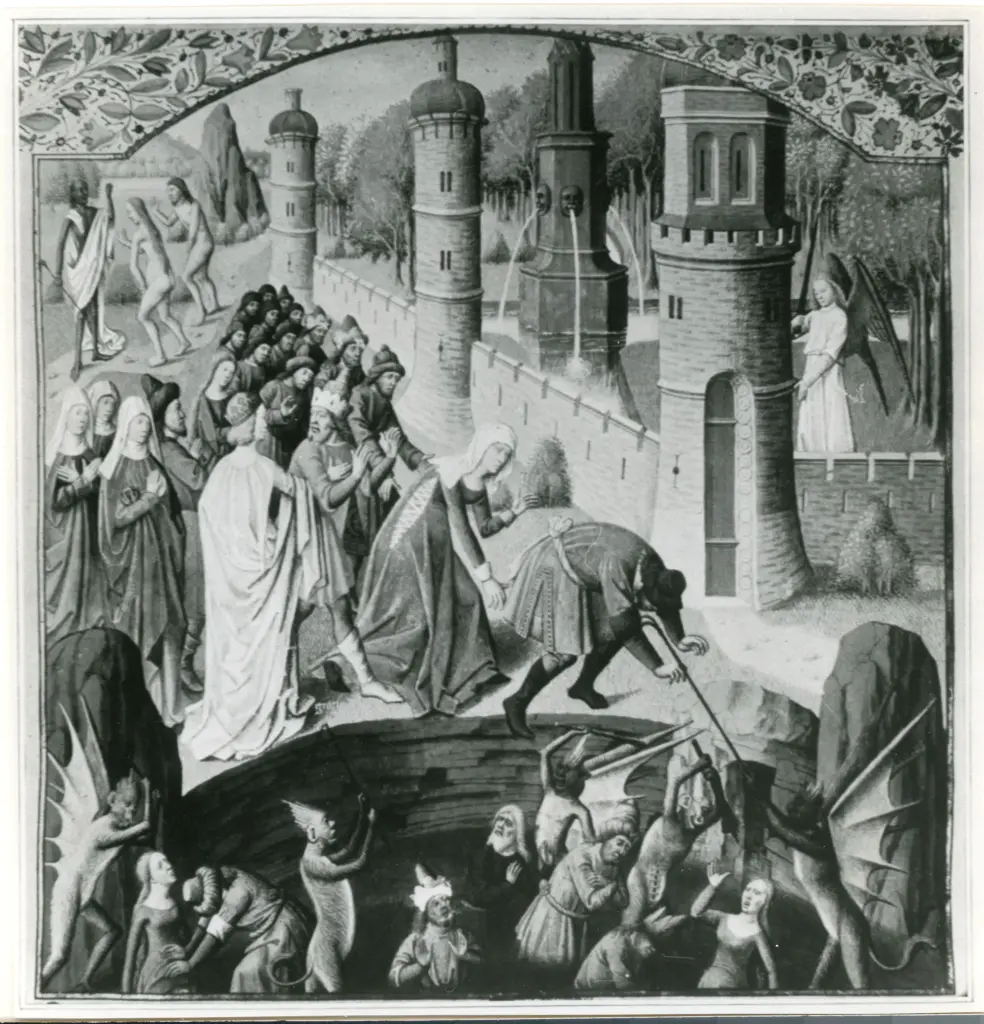 François le Barbier , Anime dannate condotte all'Inferno, Adamo ed Eva, Città fortificata, Paradiso