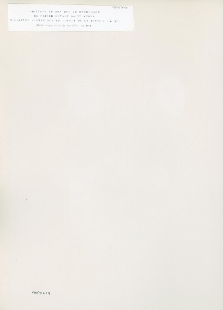 Anonimo , Philippe le Bon duc de Bourgogne/ en prière devant saint André/ miniature signet sur le coupet de la tente : « C J »/ (Bibliothèque royale de Bruxelles, ms. 8951) , retro