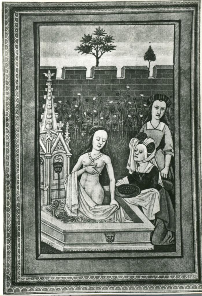 Anonimo , Bethsabée au bain./ (N° 16, Heures. Ms. du XVe. s. Bibl. A. Firmin - Didot) , fronte