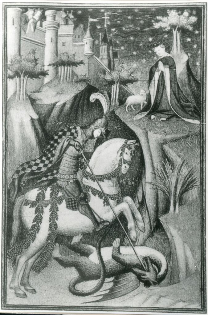 Anonimo , Saint Georges tuant le dragon/ Miniature des Heures du Maréchal de Boucicaut , fronte