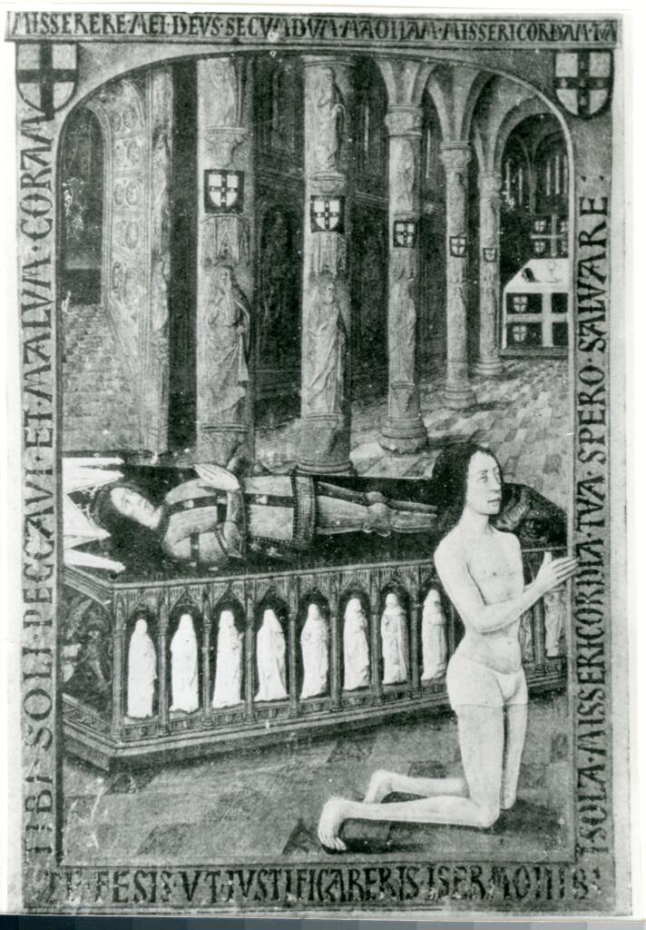 Anonimo , Le tombeau de Louis de Laval, miniature des « Heures de Laval »/ (Bibliothèque Nationale, ms. fr. 920, f° 334v°.) , fronte