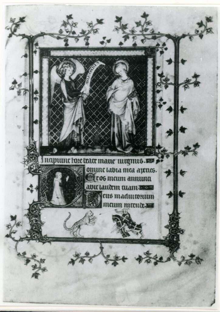 Anonimo , L'Annonciation - (et portrait présumé de Jeanne de Savoie) - atelier parisien de Jean Pucelle, vers 1330 - page des « Heures de Jeanne de Savoie » - (Musée Jacquemart-André, Paris.) , retro
