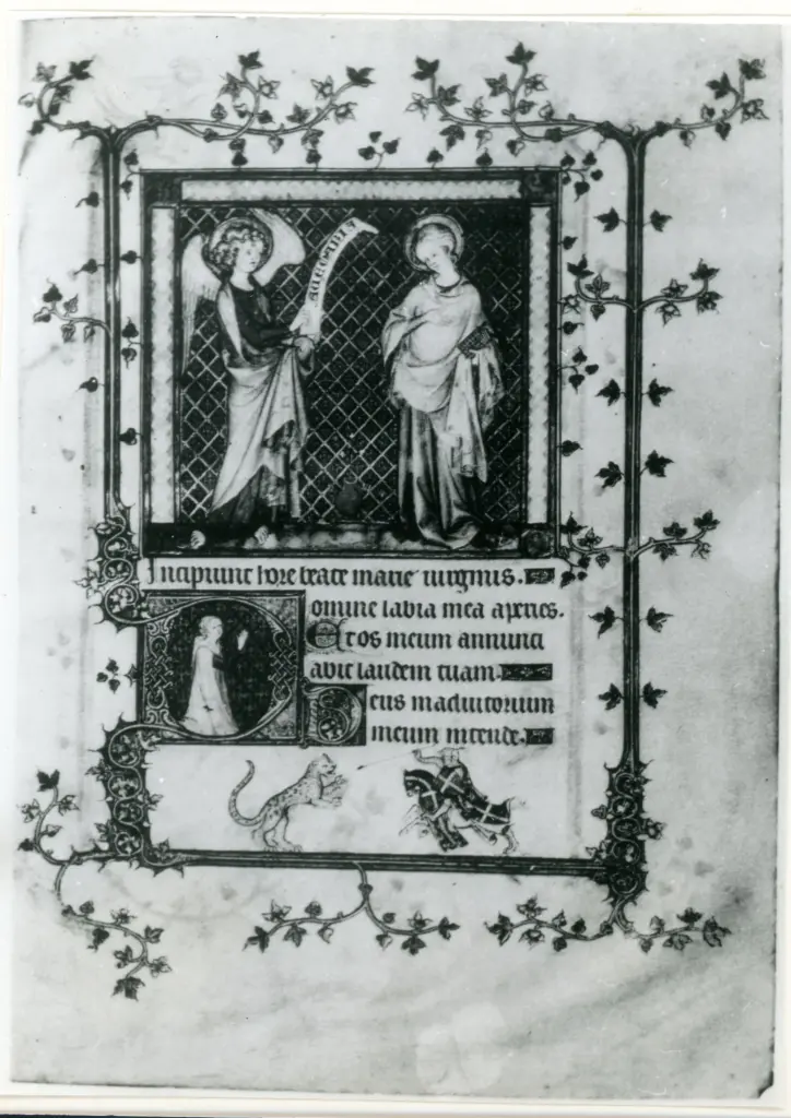 Anonimo , L'Annonciation - (et portrait pr&eacute;sum&eacute; de Jeanne de Savoie) - atelier parisien de Jean Pucelle, vers 1330 - page des &laquo; Heures de Jeanne de Savoie &raquo; - (Mus&eacute;e Jacquemart-Andr&eacute;, Paris.) , retro
