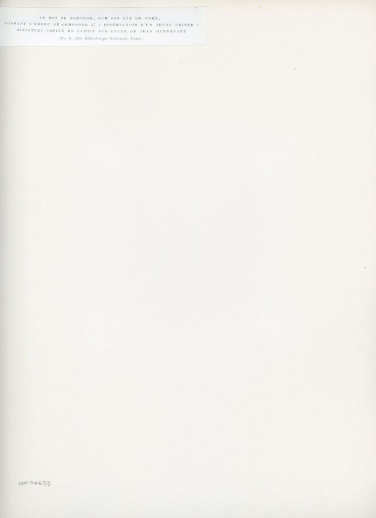 Anonimo , Le roi de Norvège, sur son lit de mort,/ donnant l'ordre de composer l' « Instruction d'un jeune prince »/ miniature copièe en partie sur celle de Jean Hennecart/ (Ms. fr. 1216, Bibliothèque Nationale, Paris.) , retro