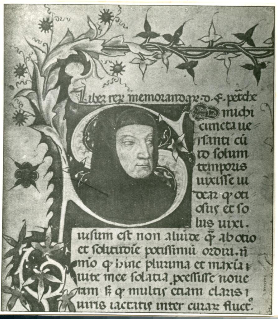 Anonimo , Iniziale S, Iniziale abitata, Ritratto di Francesco Petrarca, Motivi decorativi fitomorfi
