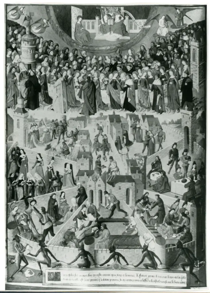 Anonimo , Le Paradis et les péchès de la terre/ Miniature de la Cité de Dieu, par Maitre François (XVe siècle)/ Bibliothèque nationale (Paris)