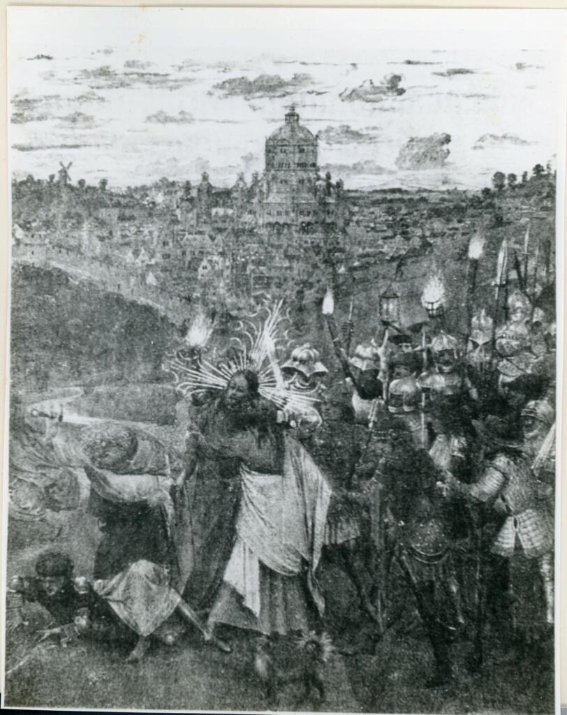 Anonimo , Le baiser de Judas, miniature des « Heures de Turin »/ (Bibliothèque nationale de Turin.) , fronte