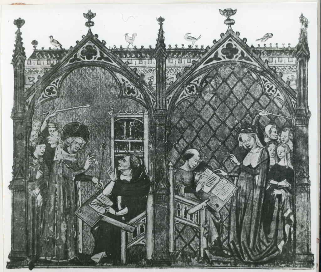 Anonimo , Sain Louis et Vincent de Beauvais. Jeanne de Bourgogne et Jean du Vignay, miniature (1333)/ Ms. français 316, Bibliothèque Nationale, Paris. , fronte
