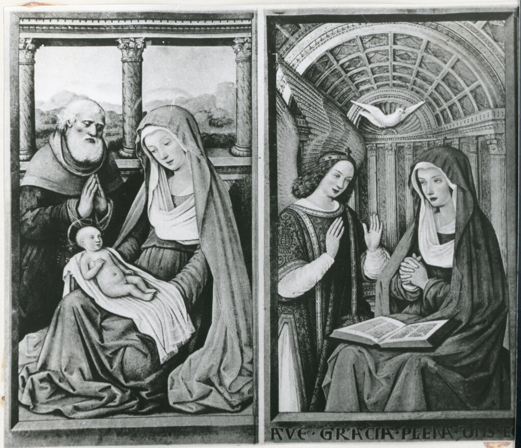 Anonimo , Bourdichon del./ La Vierge, l'enfant Jésus et st Joseph/ L'Annonciation/ (Heures d'Anne de Bretagne - Bibliothèque National - Paris.) , fronte