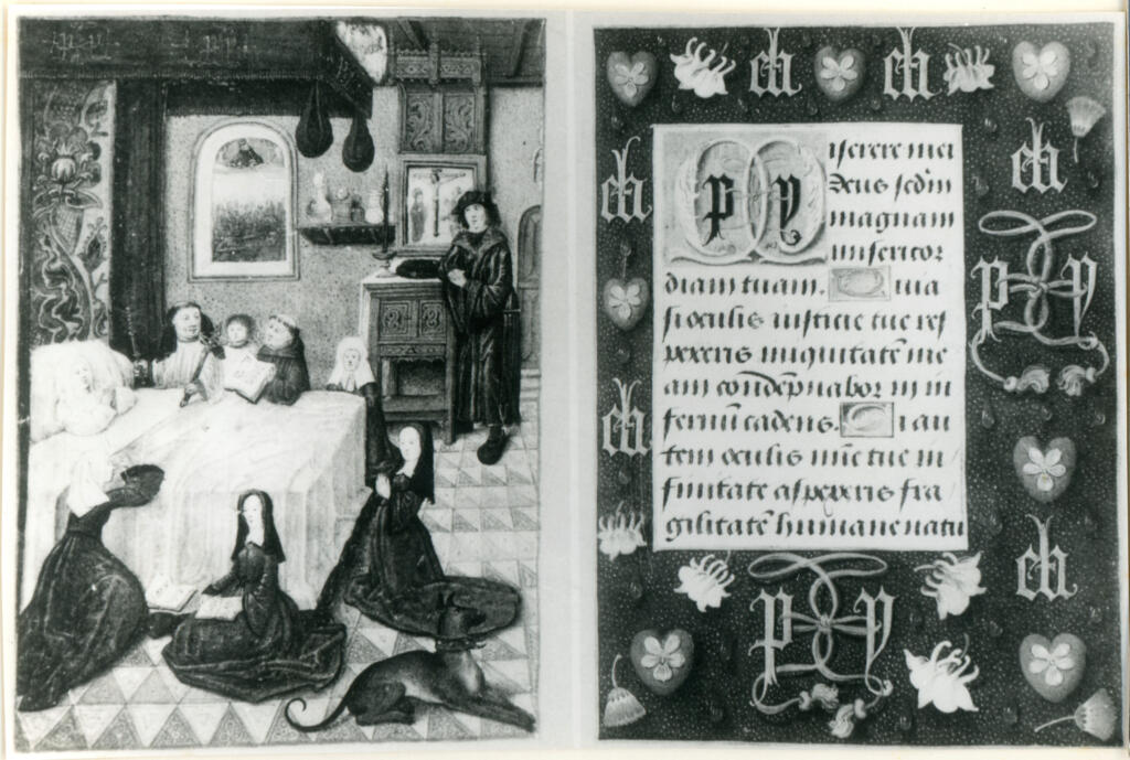 Anonimo , Mort de Madame de Boussu, miniature des in « Heures de Boussu » , fronte
