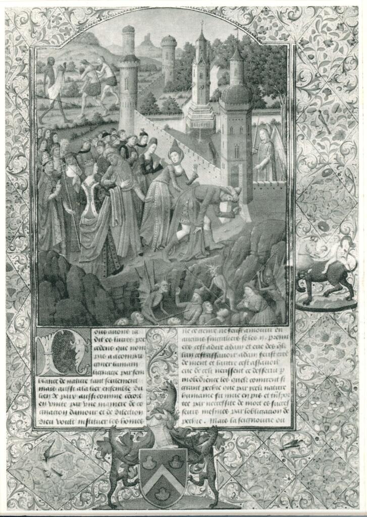 Anonimo , Maître François. Enluminure/ pour la Cité de Dieu de saint Augustin./ Effets de la désobéissance du premier homme./ Vers 1475. (Bibl. Nat.) , fronte