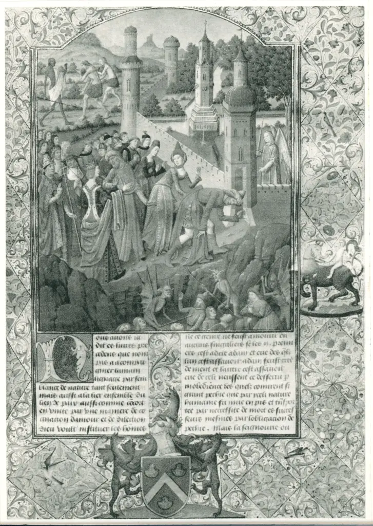 Fran&ccedil;ois le Barbier , Anime dannate condotte all'Inferno, Adamo ed Eva, Citt&agrave; fortificata, Cornice con motivi decorativi fitomorfi, Stemma araldico, Iniziale N