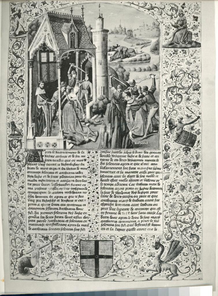 Anonimo , Anonimo , Maître François, 1470 ca., L'uccisione di Berenice e Antioco e la caduta di Seleuco da cavallo , fronte
