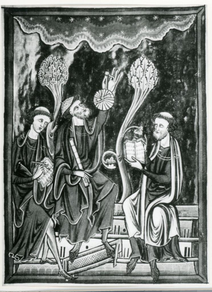Anonimo , Psautier de saint Louis et de Blanche de Castille (Bibliothèque de l'Arsenal)/ Un astronome élevant l'astrolabe, entre un clerc écrivant et un computiste , fronte