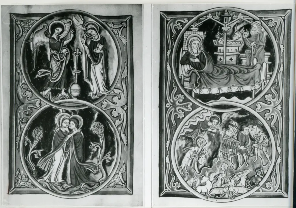 Anonimo , Psautier de saint Louis et de Blanche de Castille (Bibliothèque de l'Arsenal)/ L'Annonciation; La Visitation/ La Nativité; L'annonce aux bergers , fronte