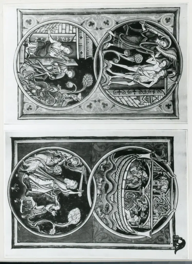 Anonimo francese , Cacciata di Adamo ed Eva dal paradiso terrestre, Adamo ed Eva al lavoro, Arca di No&egrave;, Sacrificio di Isacco, Motivi decorativi fitomorfi