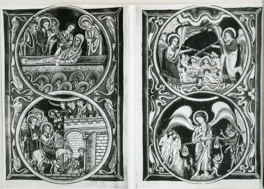 Anonimo , Psautier de saint Louis et de Blanche de Castille (Biblioth&egrave;que de l'Arsenal)/ La resurrection de Lazare; L'entr&eacute;e &agrave; Jerusalem/ Deux anges sonnant de la trompette et faisant sortir les morts de leurs tombeaux; la pes&eacute;e du bien et du mal par l'archange sain Michel , fronte