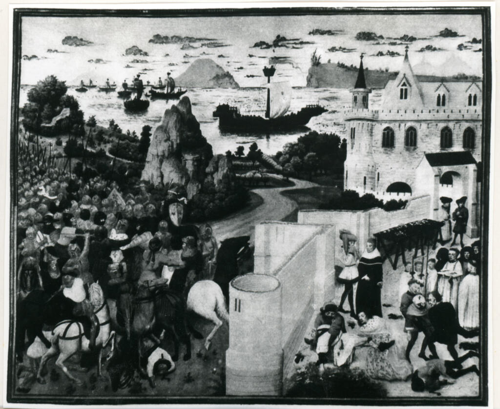 Anonimo , Saint Louis à Mansourah/ Grande miniature du manuscrit des "Grandes Chroniques de saint Denys"/ ( Bibliothèque Impériale, St. Petersbourg. ) , fronte