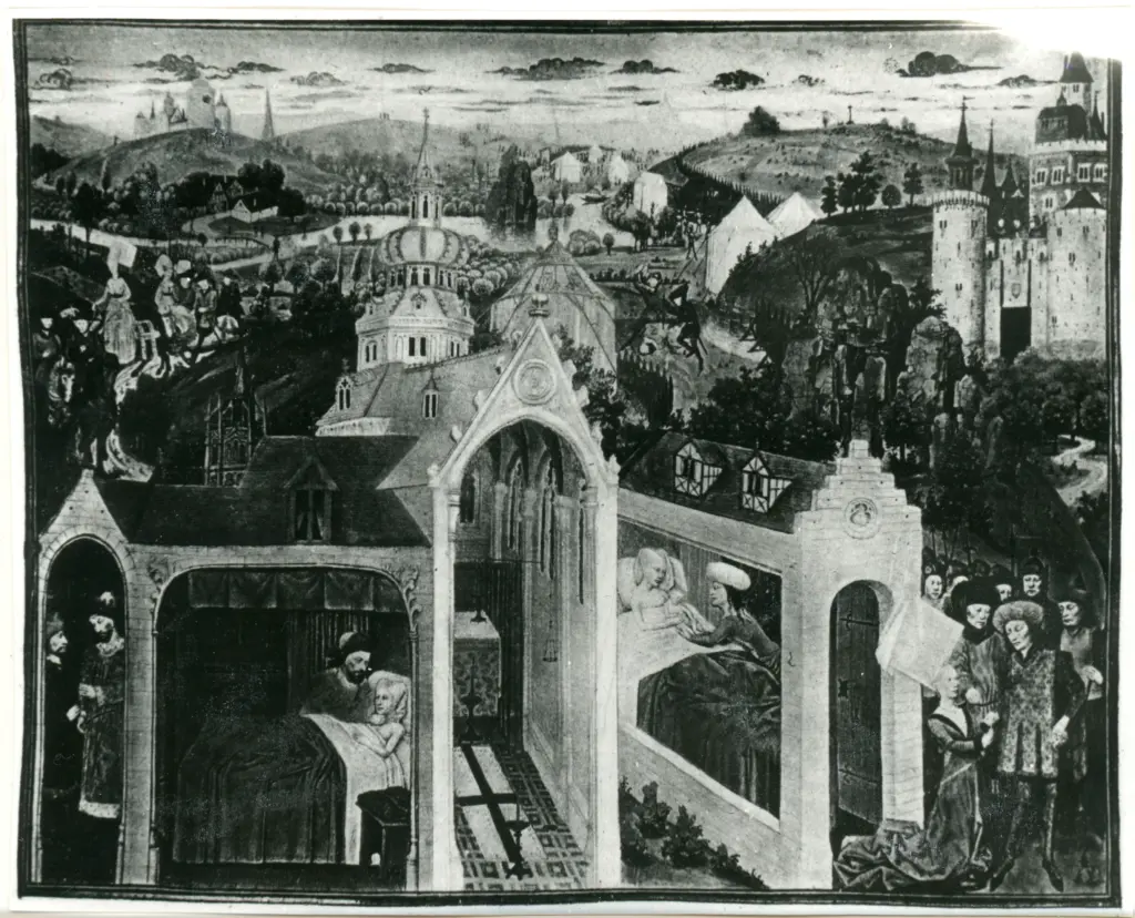 Anonimo , Histoire de Chilp&eacute;ric et des ses femmes/ Grande miniature du manuscrit des "Grandes Chroniques de saint Denys"/ ( Biblioth&egrave;que Imp&eacute;riale, St. Petersbourg. ) , fronte