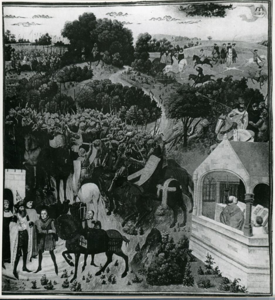 Anonimo , Roland à Roncevaux/ Grande miniature des "Grandes Chroniques de saint Denys"/ ( Bibiothèque Impériale, St. Petersburg. ) , fronte