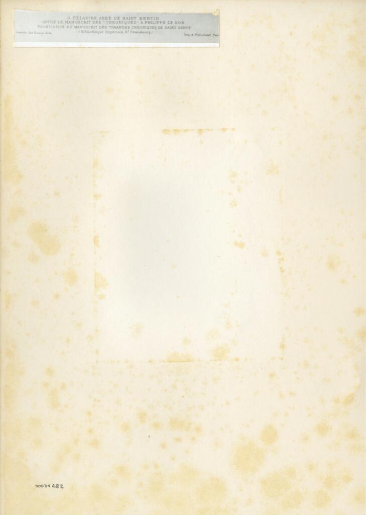 Anonimo , G. Fillastre abbé de saint Bertin/ offre le manuscrit des "Chroniques" à Philippe le Bon/ frontispice du manuscrit des Grande miniature des "Grandes Chroniques de saint Denys"/ ( Bibliothèque Impériale, St. Petersburg. ) , retro