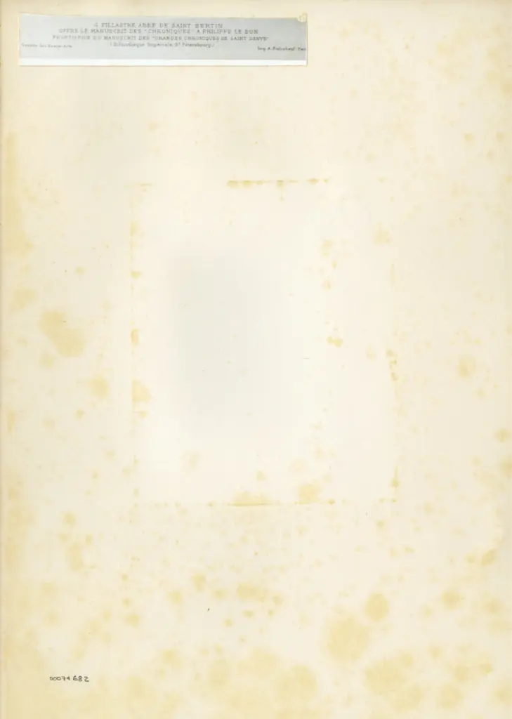 Anonimo , G. Fillastre abb&eacute; de saint Bertin/ offre le manuscrit des "Chroniques" &agrave; Philippe le Bon/ frontispice du manuscrit des Grande miniature des "Grandes Chroniques de saint Denys"/ ( Biblioth&egrave;que Imp&eacute;riale, St. Petersburg. ) , retro