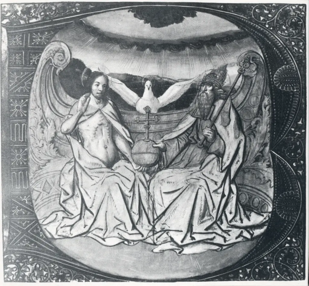 Anonimo francese sec. XV , Trinit&agrave;, Iniziale abitata, Motivi decorativi geometrici e vegetali