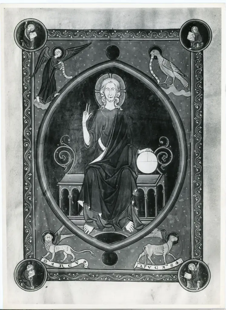 Maestro di San Francesco , Cristo Redentore benedicente e simboli dei quattro evangelisti, Quattro evangelisti, Visione di Cristo apocalittico, Cornice con motivi decorativi fitomorfi