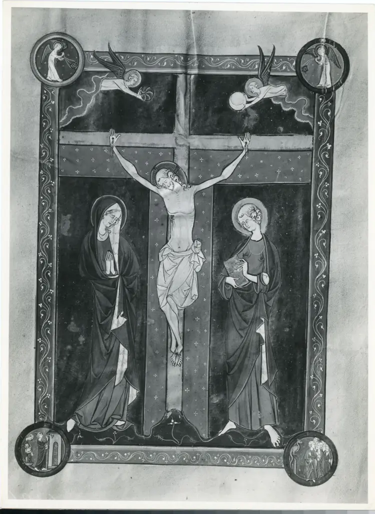 Maestro di San Francesco , Cristo crocifisso con la Madonna addolorata, san Giovanni Evangelista, Adorazione del serpente di bronzo, Mos&egrave; segna col sangue dell'agnello e col segno del Tau le porte degli ebrei, prima della decima piaga d'Egitto, Angeli con turibolo