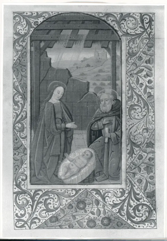 Anonimo francese sec. XV , Nativit&agrave; di Ges&ugrave;, Cornice con motivi decorativi fitomorfi