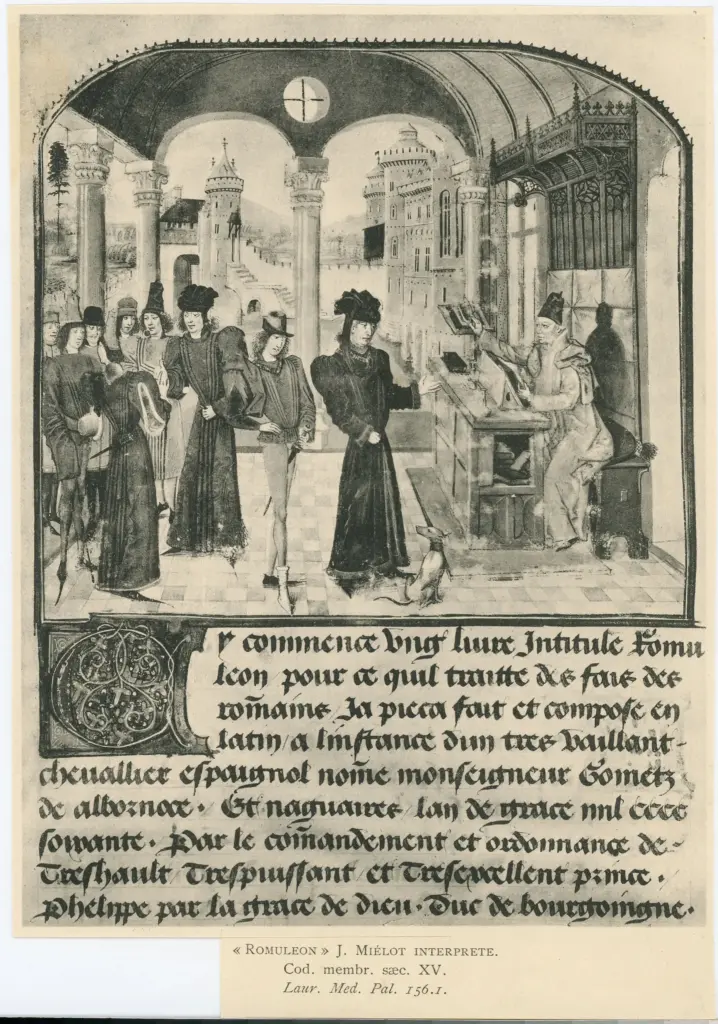 Anonimo , &laquo; Romuleon &raquo; J. Mi&eacute;lot interprete - Cod. membr. saec. XV. - Laur. Med. Pal. 156.1 , fronte