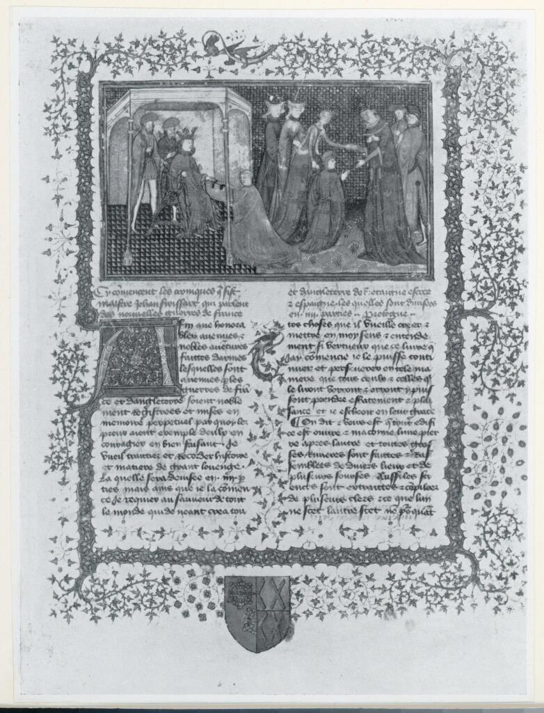 Anonimo , Anonimo francese - sec. XV - Les Chroniques de France, Jean Froissart presenta la sua opera al re d'Inghilterra Riccardo II , fronte