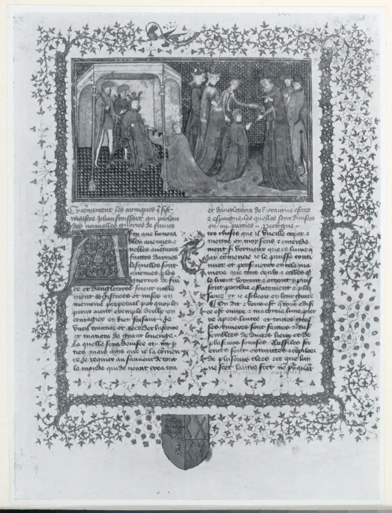 Anonimo francese sec. XV , Scena di dedica di un libro, Cornice con motivi decorativi fitomorfi, Stemma araldico, Iniziale A, Iniziale decorata