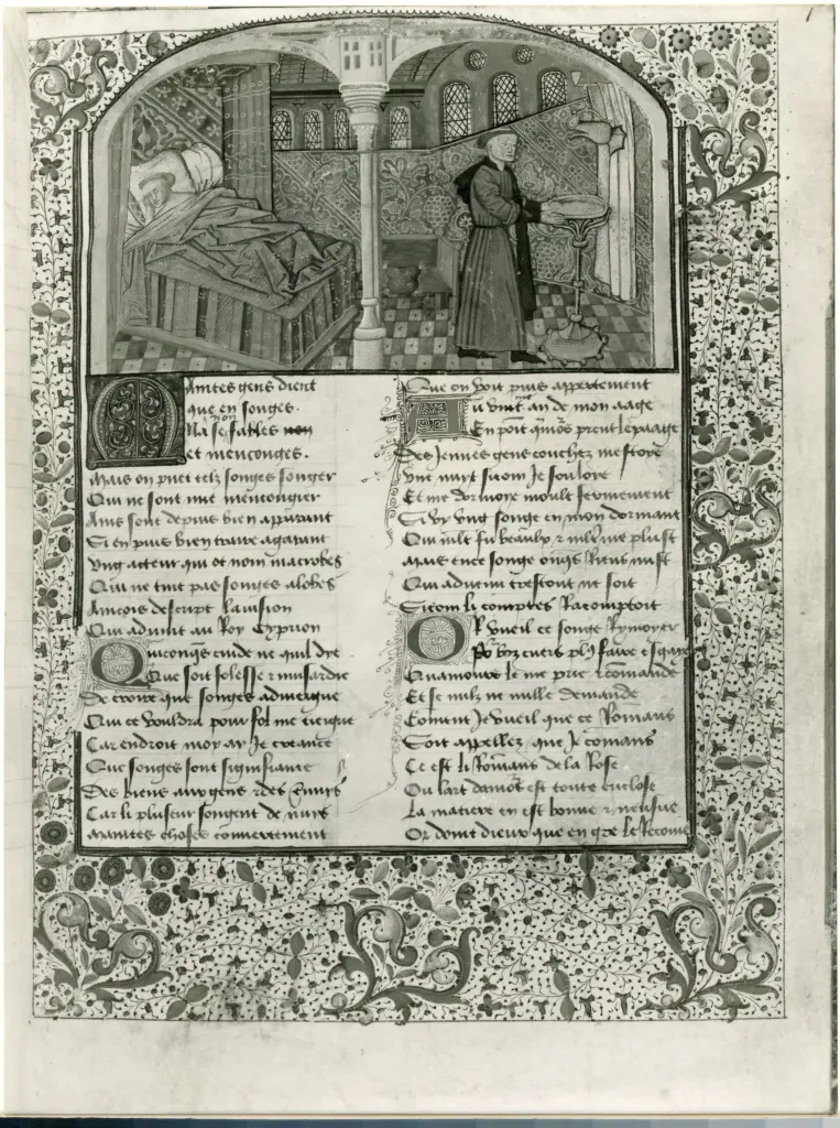 Anonimo francese sec. XV , Interno di palazzo con figure, Cornice con motivi decorativi fitomorfi, Iniziale M, Iniziale decorata