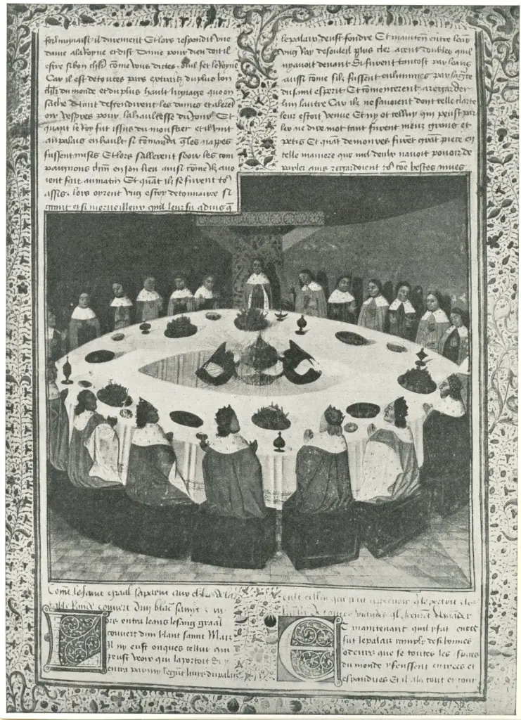 Anonimo , L'apparizione del Saint Graal ai cavalieri della Tavola Rotonda - (miniatura del sec. XV nel ms. fr. 112 della Biblioteca Nazionale di Parigi) , fronte