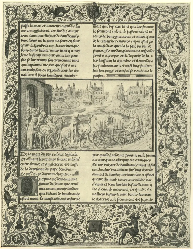 Mazerolles Philippe de , Corteo funebre di Riccardo II, re d'Inghilterra, Cornice con motivi decorativi fitomorfi e animali, Stemmi araldici, Centauro, Iniziale D, Iniziale decorata