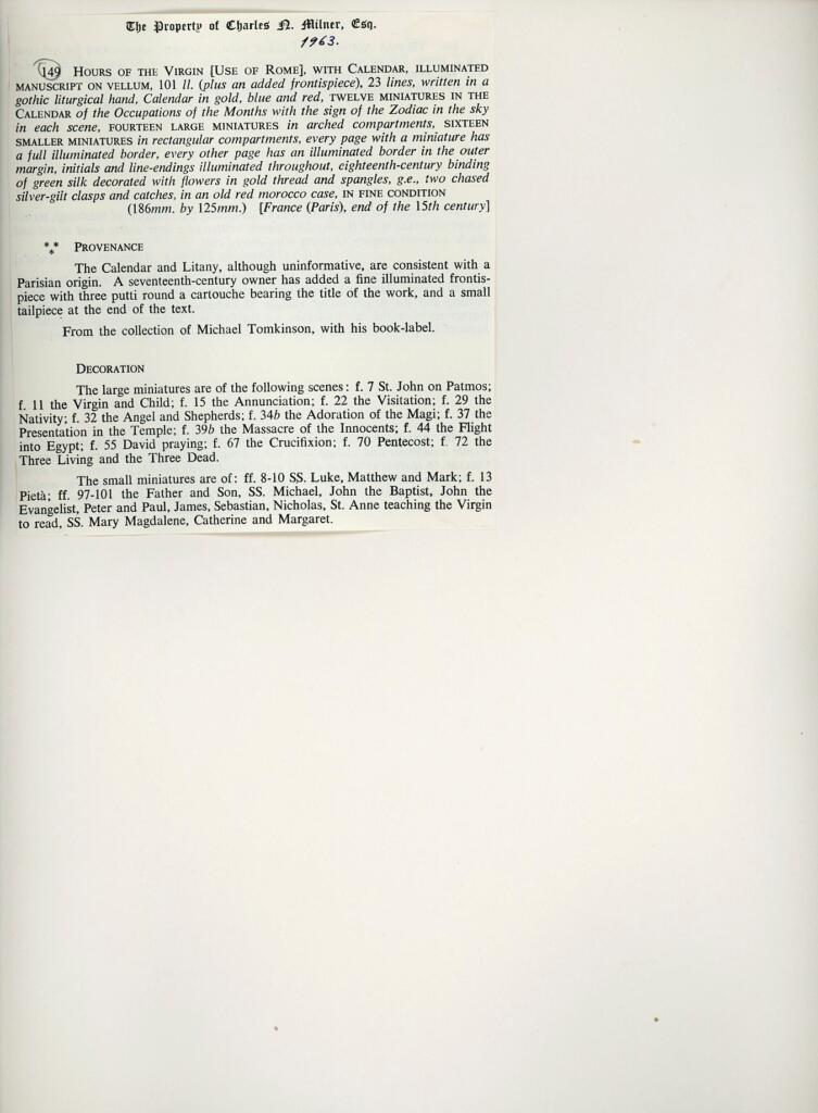 Anonimo , Anonimo francese - sec. XV, fine - Ore della Vergine ad uso di Roma dalla collezione di Charles A. Milner, ff. 37 e 72 , retro