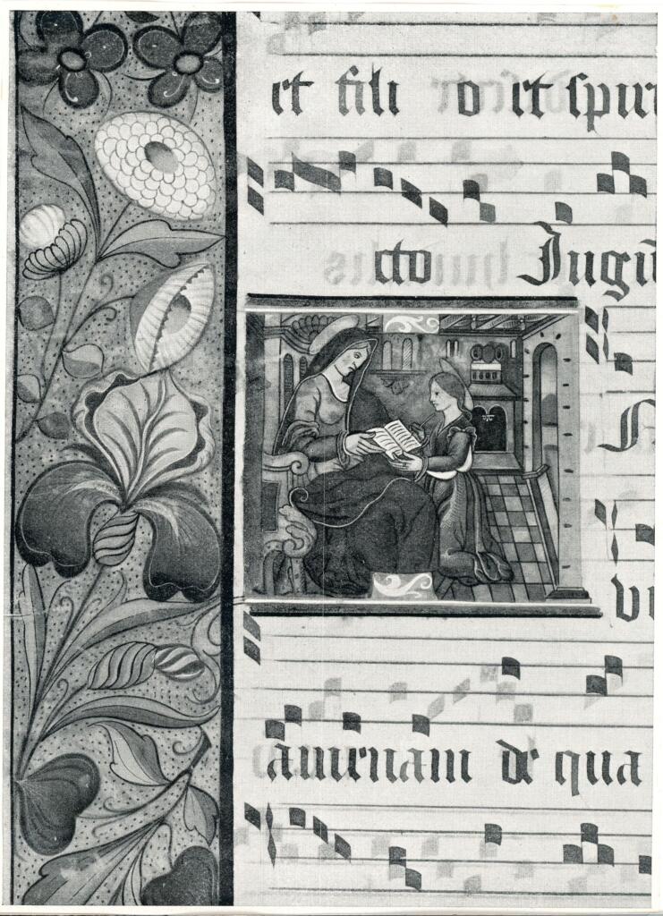 Anonimo francese sec. XV , Scena, Cornice con motivi decorativi fitomorfi, Notazione musicale