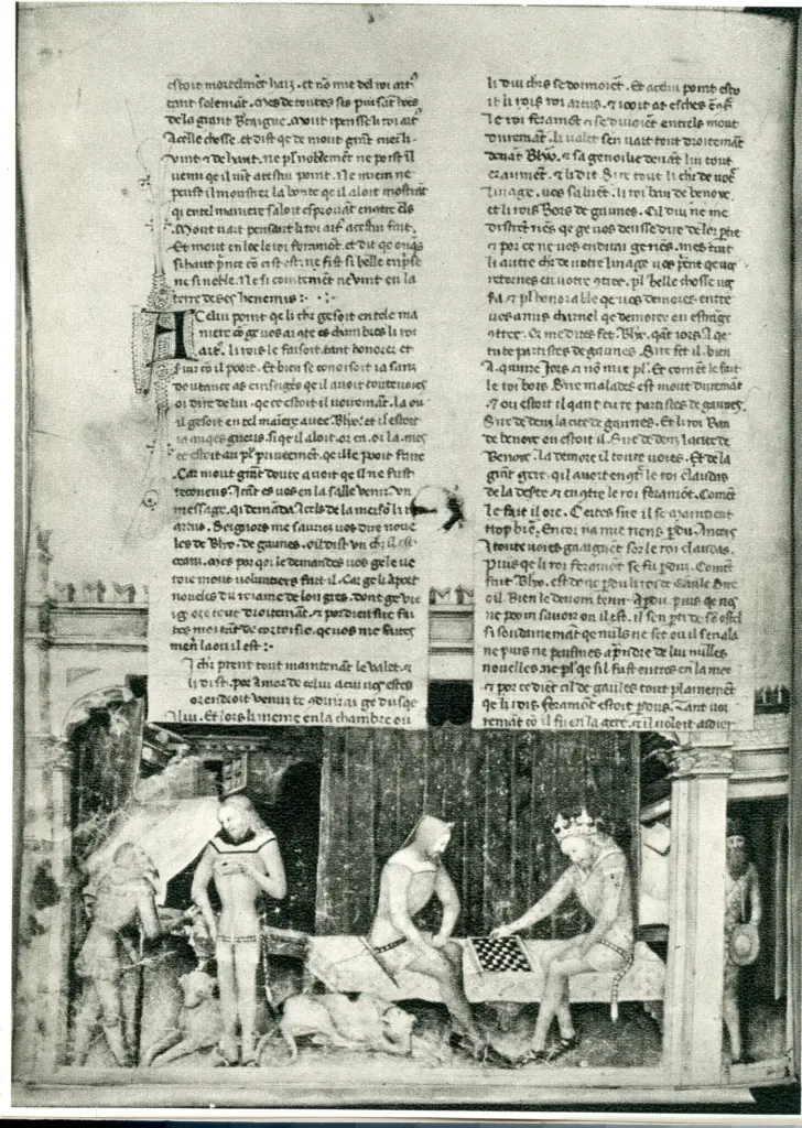 Anonimo , F. 3 v. del Guiron le Courtois, ms. Nouv. acq. fr. 5243 della Bibl. Nazionale di Parigi , fronte