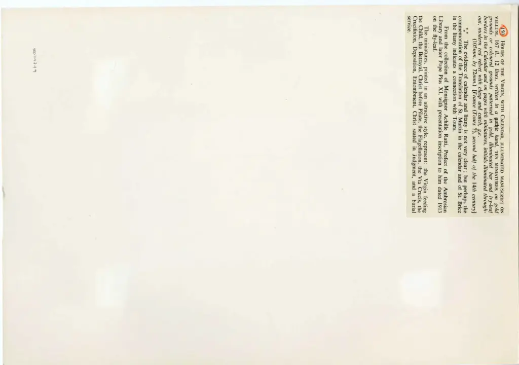 Anonimo , Anonimo francese - sec. XIV, seconda met&agrave; - Libro d'Ore della Vergine con Calendario , retro