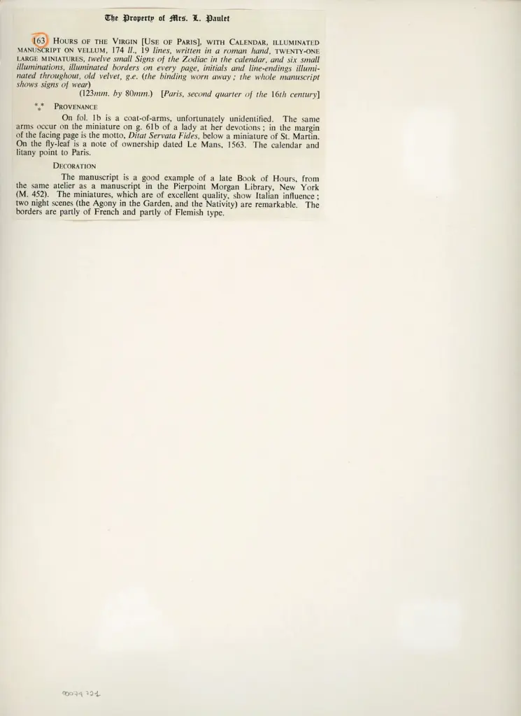 Anonimo , Anonimo - sec. XVI, secondo quarto - Libro d'Ore della Vergine all'uso di Parigi con Calendario , retro