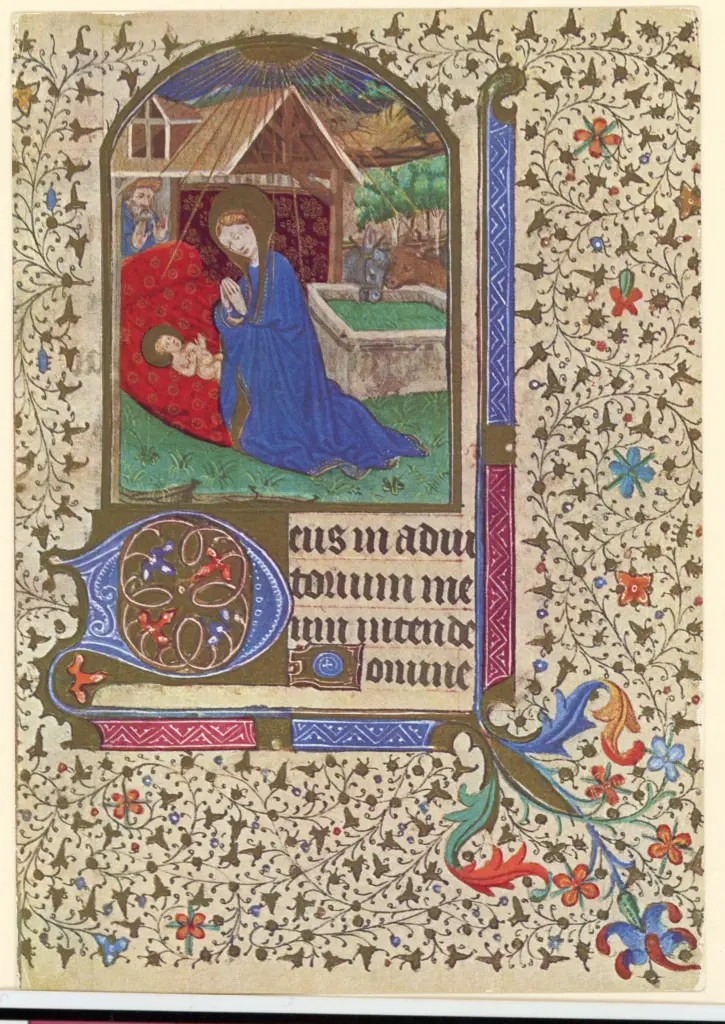 Anonimo , Nativit&agrave; di Ges&ugrave;, Motivi decorativi fitomorfi, Iniziale D, Iniziale decorata