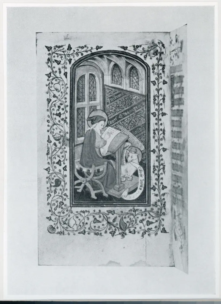 Anonimo francese sec. XV , San Luca Evangelista e il bue, Motivi decorativi fitomorfi